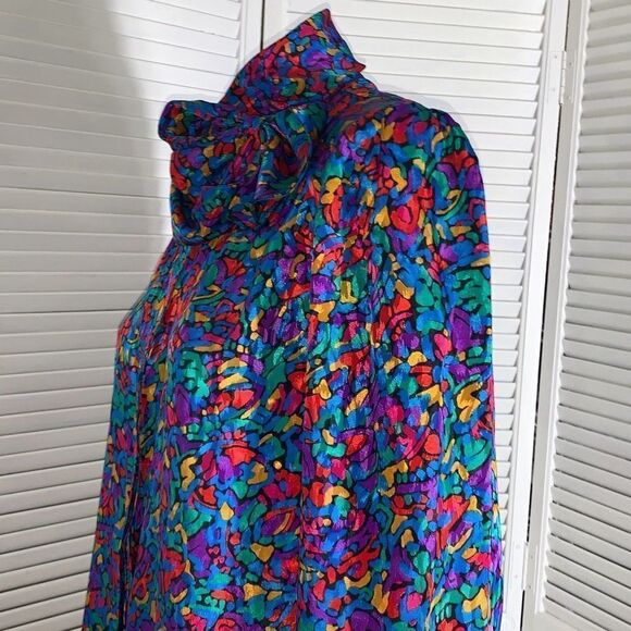 Vintage Colorful Abstract Satin Button Down Bow Tie Blouse Large - Picture 11 of 16